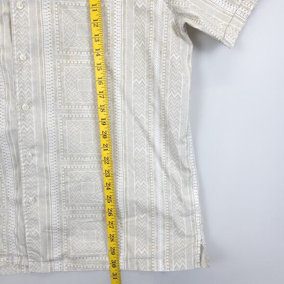 Macy's Camp Button Up Shirt Men XL Short Sleeve Printed Tan White Causal Office - Picture 4 of 10